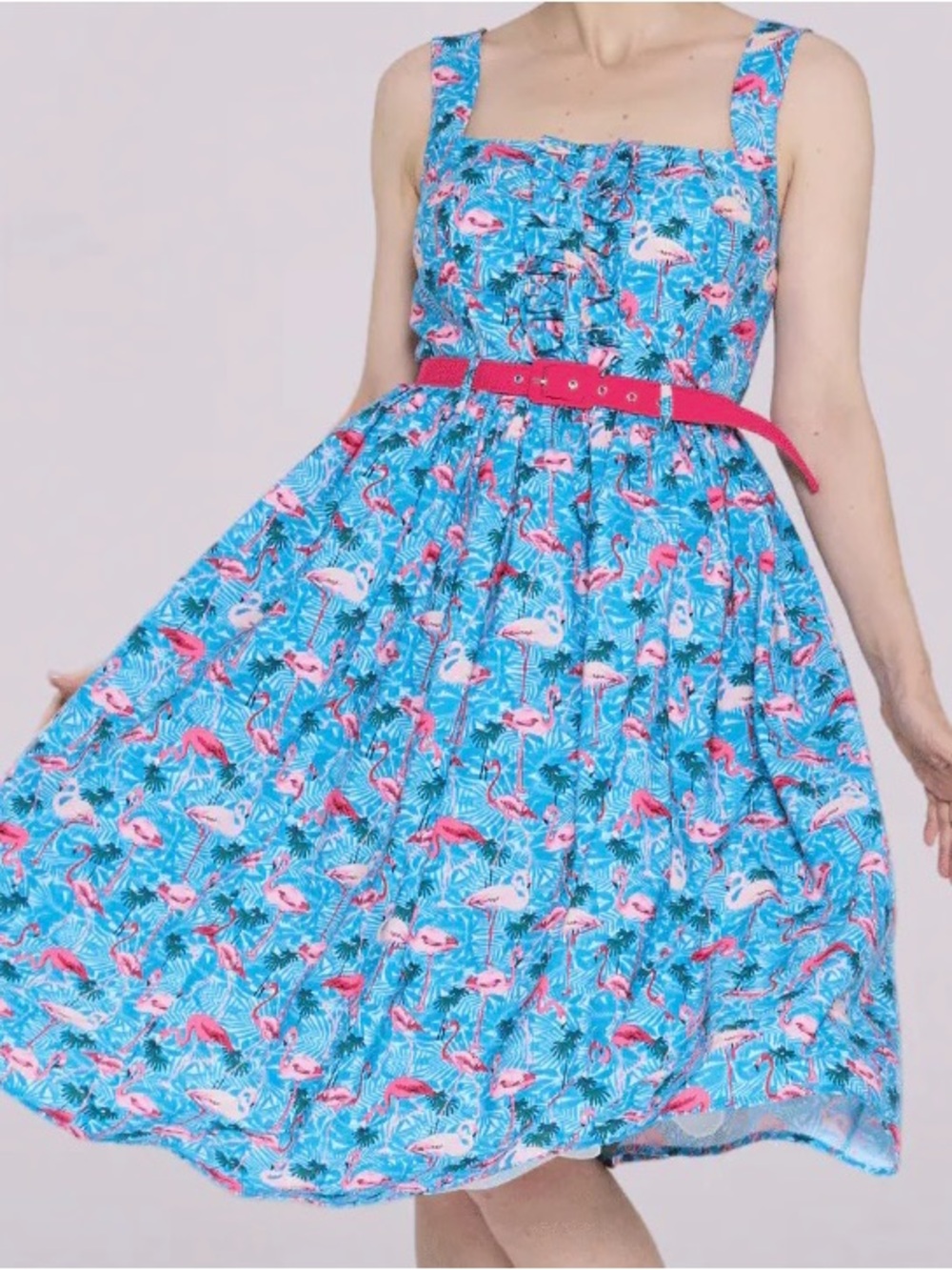 Lindy Bop Blue Flamingo Print Midi Dress with Pink Belt